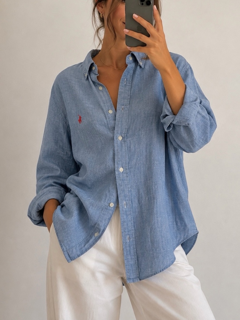 Ralph Lauren Button Down Denim Shirt Size Large Relaxed Fit Blue Chambray Cotton
